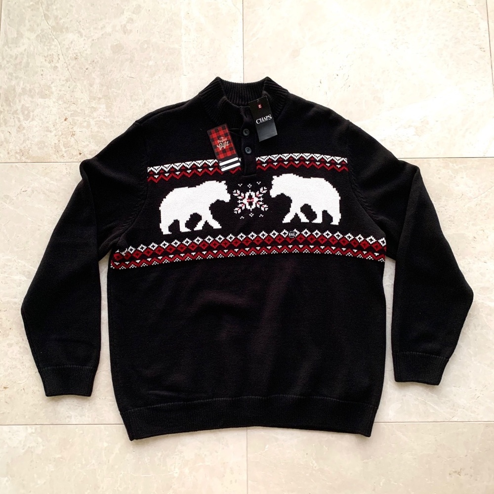 MEN'S CHAPS CLASSIC FIT BUTTON BEARS SWEATER - Picture 4 of 8